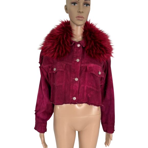 Upcycled Y2K Cropped Oversized Denim Jacket Faux Fur Guitar Graphic Burgundy - Picture 3 of 8